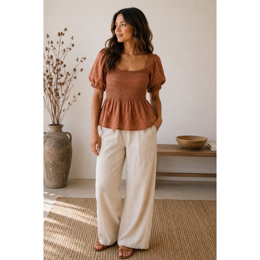 Madewell Brown Smocked Puff Sleeve Peplum Top Size 6 Cottagecore Boho